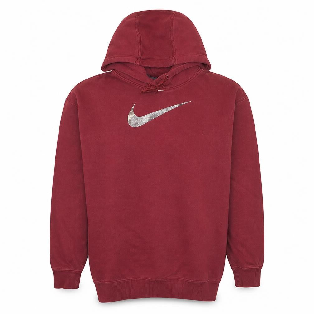 Front view of Nike women’s red pullover hoodie small cotton blend logo sweatshirt