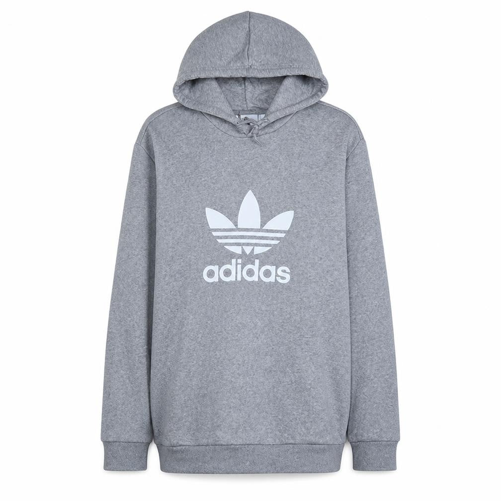 Front view of Adidas women’s grey hoodie pullover, size S, trefoil logo casual