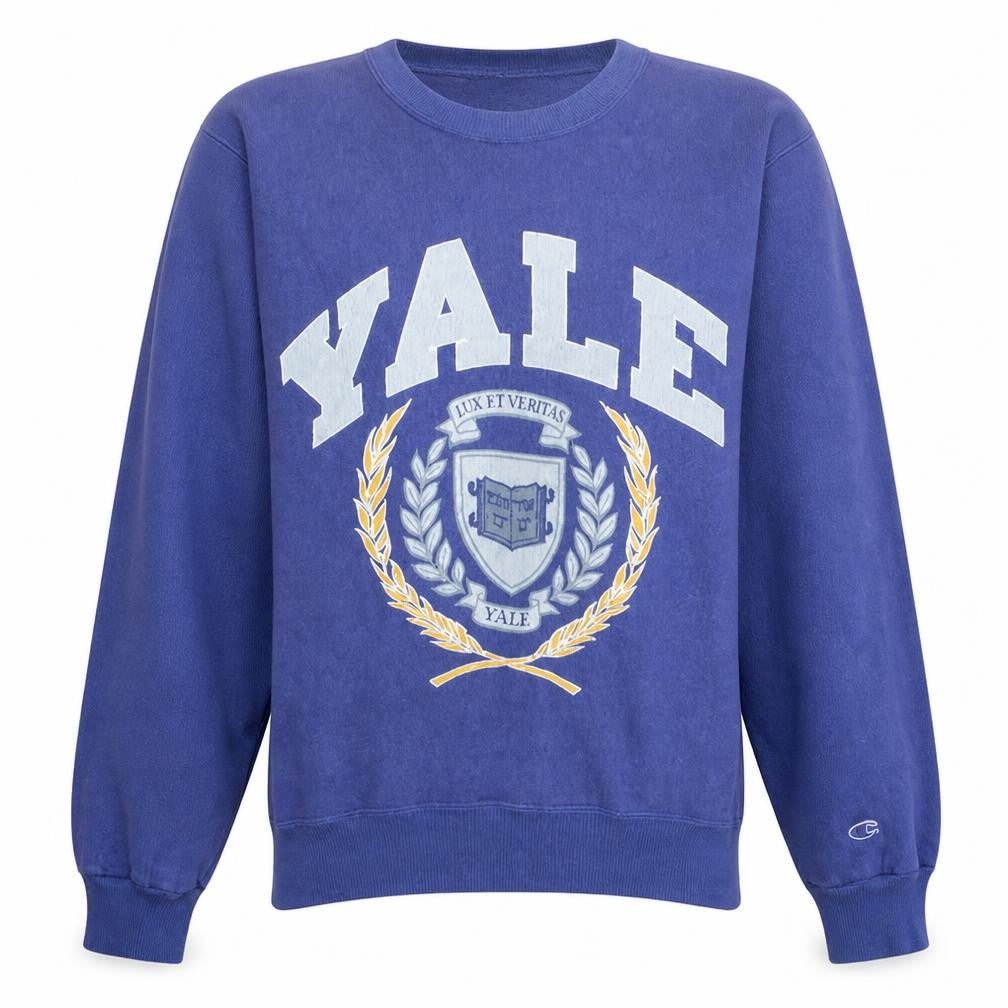 Front view of Champion Men's Blue Yale Graphic Crew Neck Sweatshirt, size L
