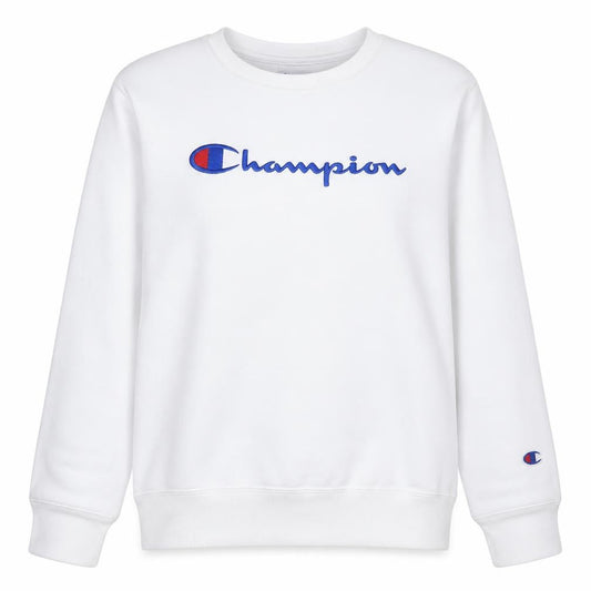 Front view of Champion women’s white l pullover sweatshirt crew neck logo athleticwear