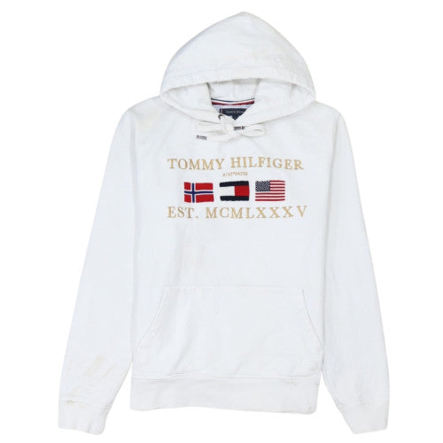 Tommy Hilfiger Mens White L Pullover Hoodie Embroidered Logo Cotton Blend
