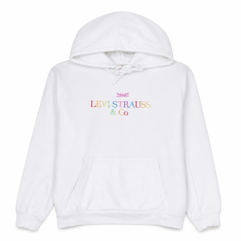 Front view of Levi's Women's White Pullover Hoodie XS Rainbow Logo Cotton Casual