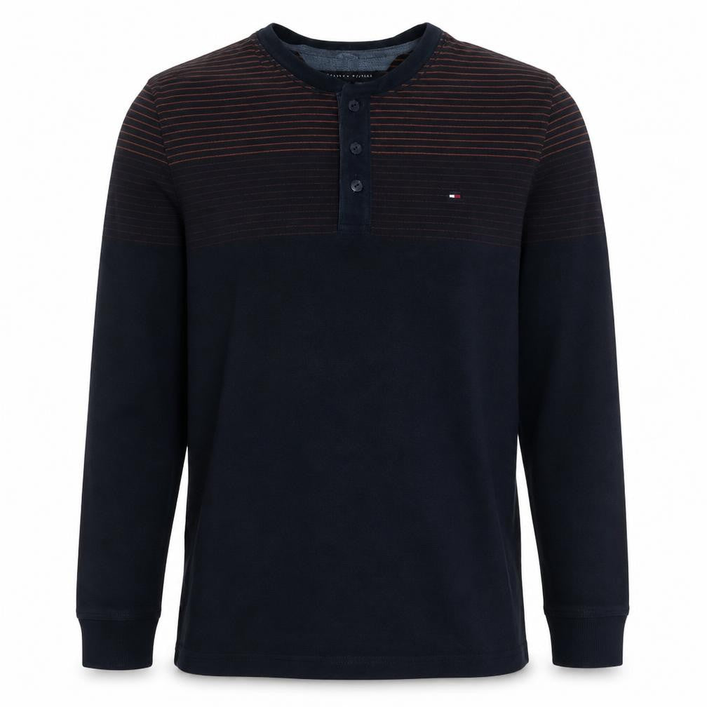 Front view of Tommy Hilfiger Men's Blue Stripe Henley Cotton Jumper L