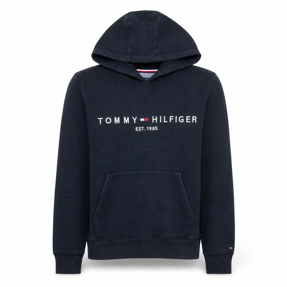 Front view of Tommy Hilfiger Men’s Black Pullover Hoodie S Regular Fit Fleece Logo