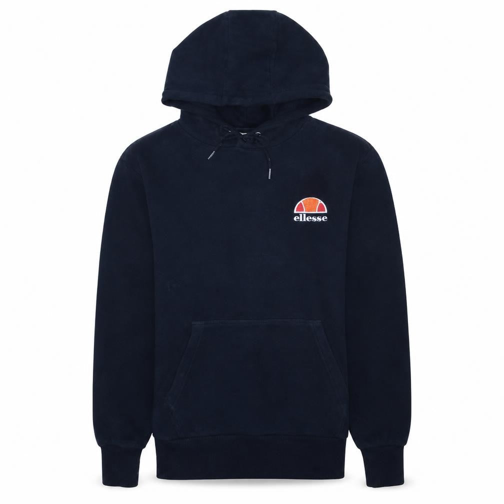 Front view of Ellesse Men's Blue Pullover Hoodie, size S, Logo Fleece Sweatshirt