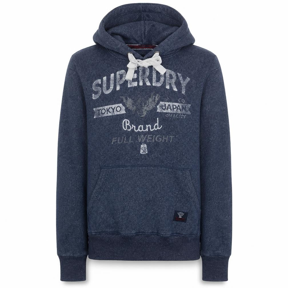 Front view of Superdry Men's Blue Pullover Hoodie M Graphic Logo Fleece Sweatshirt
