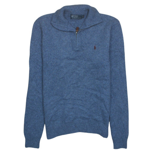 Polo Ralph Lauren Men's Blue Wool 1/4 Zip High Neck Jumper Size M