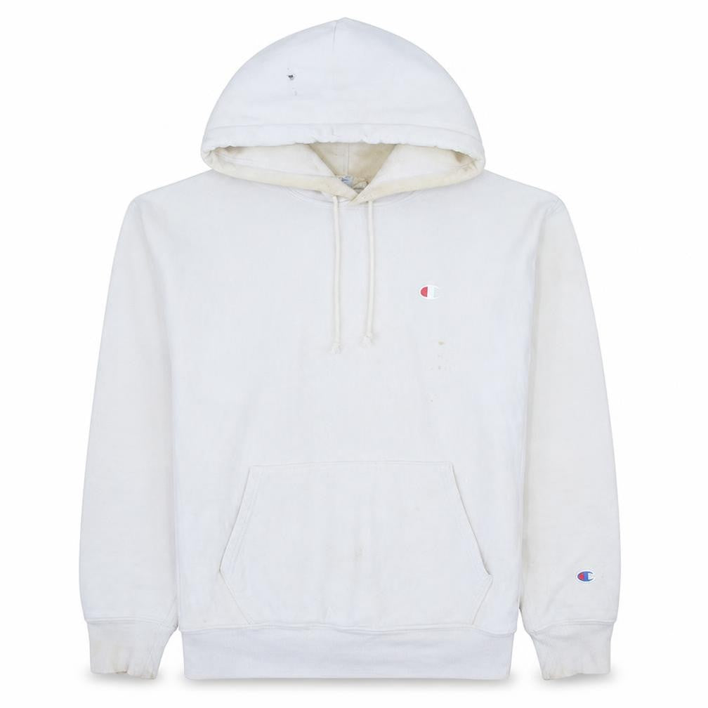 Front view of Champion Men’s White Reverse Weave Pullover Hoodie, size L