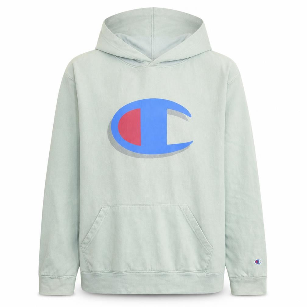 Front view of Champion boys’ light green pullover hoodie xl cotton blend logo print