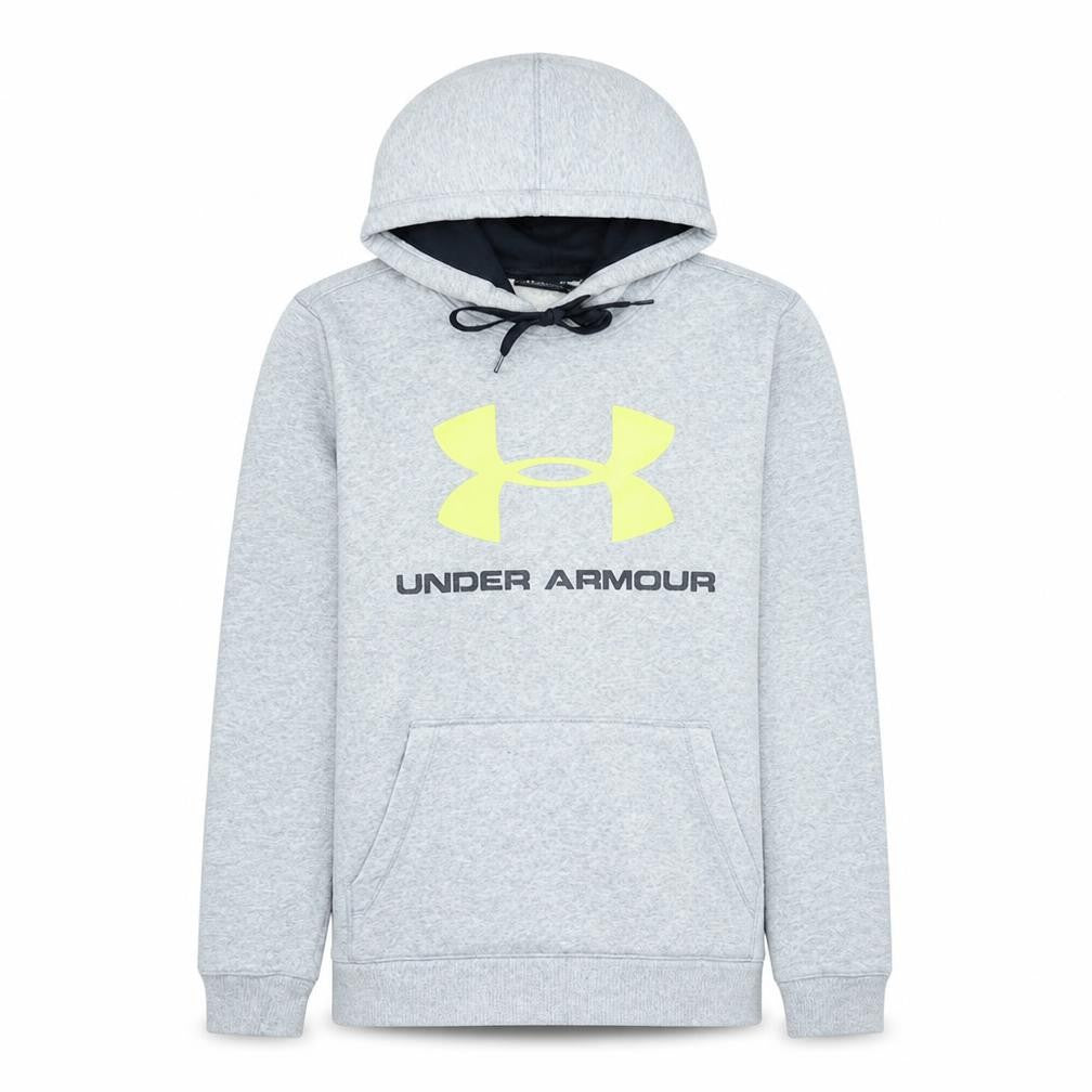 Front view of Under Armour Men's Grey Logo Pullover Hoodie, size S