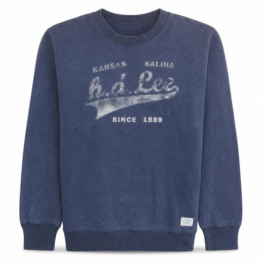 Front view of Lee Men's Blue Crew Neck Graphic Sweatshirt, size S, Pullover