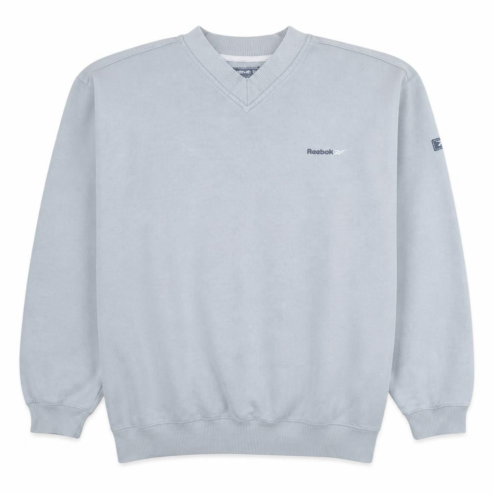 Front view of Reebok men’s grey v-neck pullover sweatshirt, size M