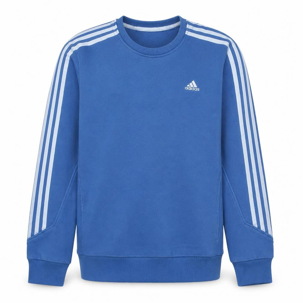 Front view of Adidas boys’ blue crew neck pullover sweatshirt, size M, classic logo