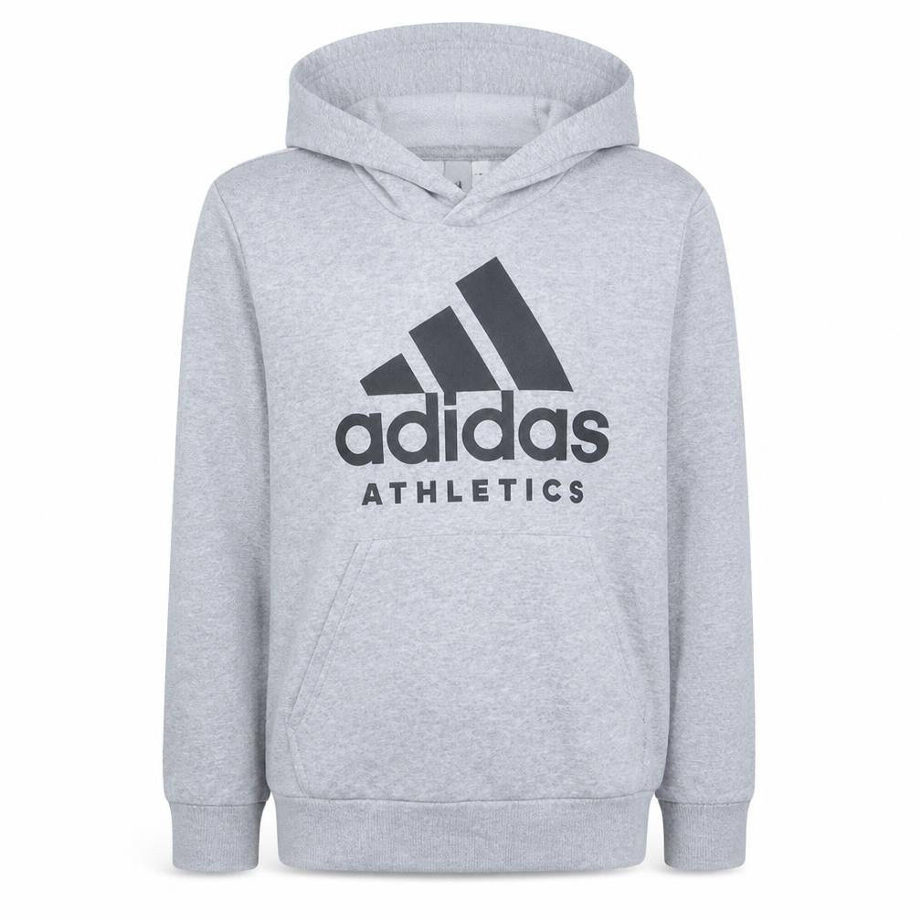 Front view of Adidas men’s grey hoodie athletics pullover sweatshirt, size M