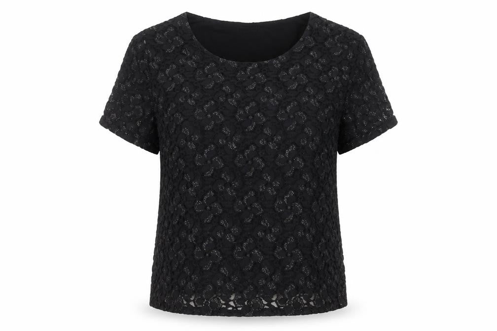 Front view of Eastex Women's Black Lace Short Sleeve Blouse, size 16