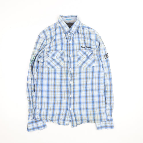 Tokyo Laundry Men's Blue Checked Long Sleeve Button-Up Shirt S