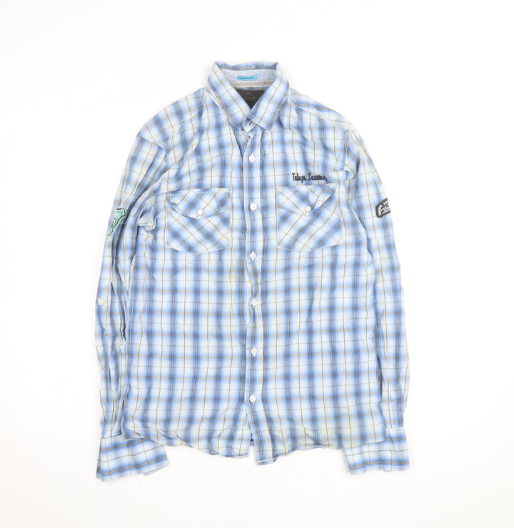 Tokyo Laundry Men's Blue Checked Long Sleeve Button-Up Shirt S
