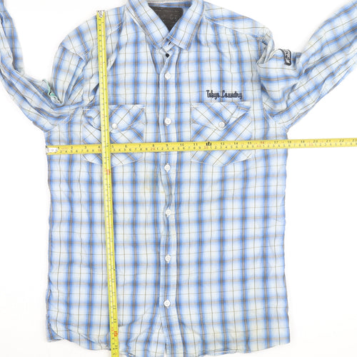 Tokyo Laundry Men's Blue Checked Long Sleeve Button-Up Shirt S