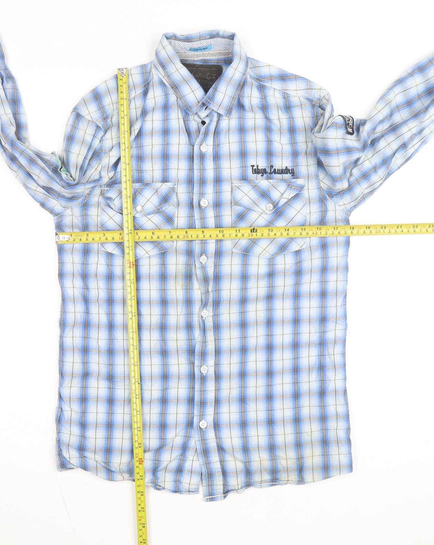 Tokyo Laundry Men's Blue Checked Long Sleeve Button-Up Shirt S