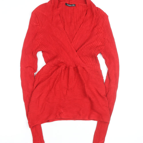 PattyBoutik Women's Red Long Sleeve Wrap Knit Blouse Size 14