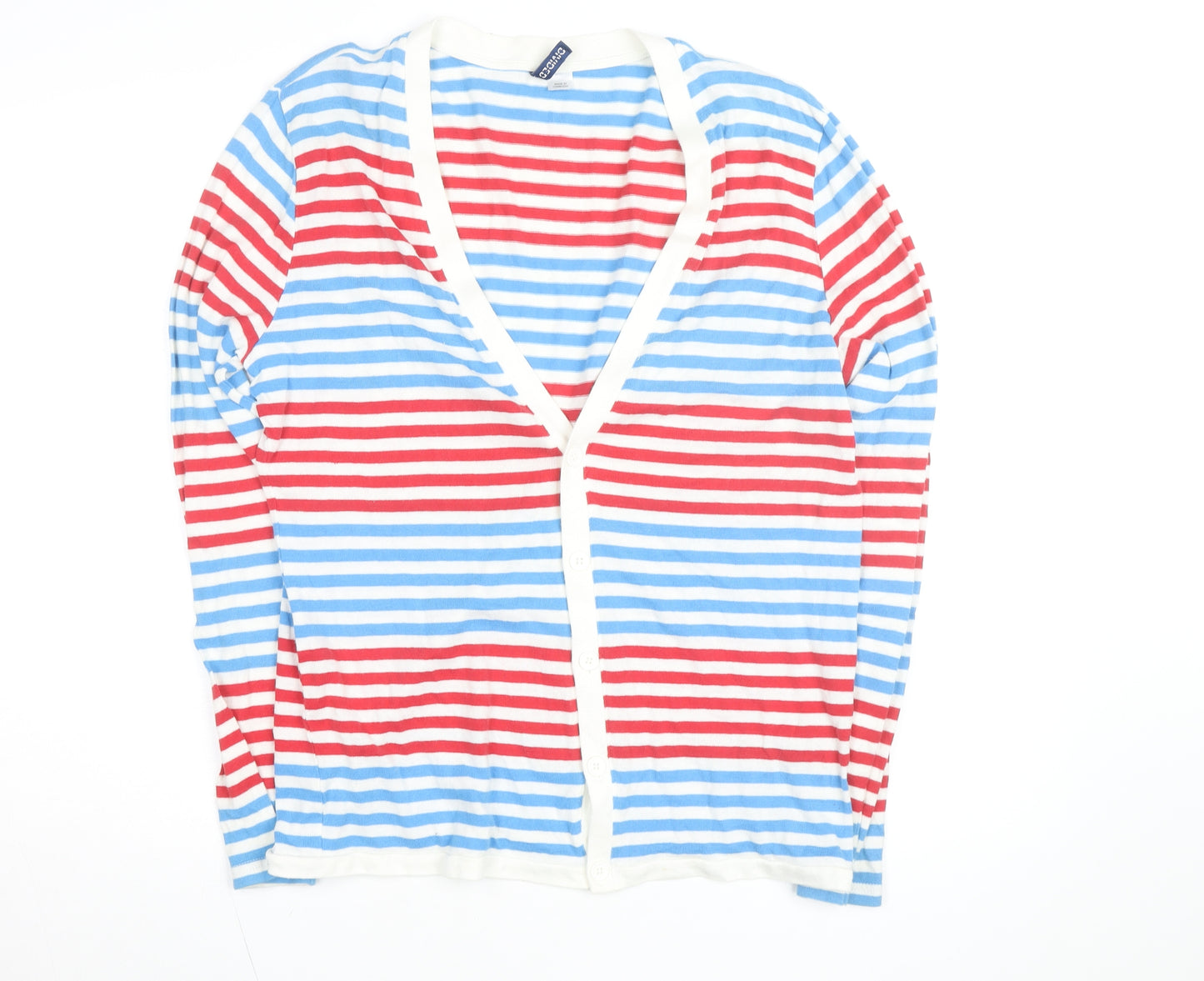 DIVIDED Women’s Red Blue Striped Button-Up Top Size L Cotton Jersey