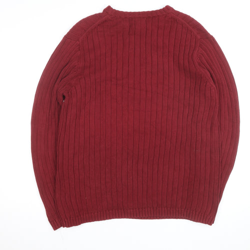 Togo Mens Red Cotton Rib Knit Crew Neck Pullover Jumper L
