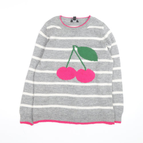 M&Co Women’s Grey Cherry Striped Pullover Jumper Size 10