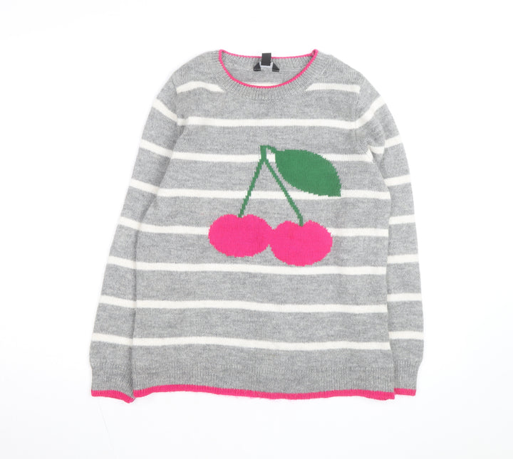M&Co Women’s Grey Cherry Striped Pullover Jumper Size 10