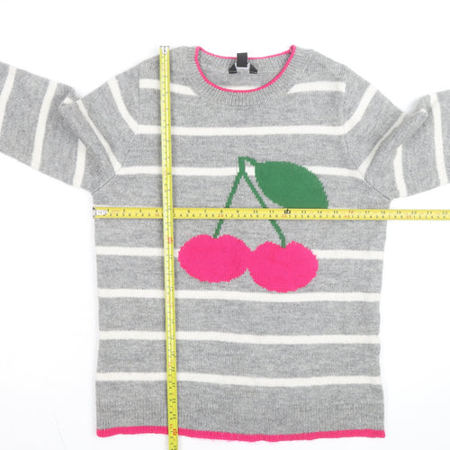 M&Co Women’s Grey Cherry Striped Pullover Jumper Size 10