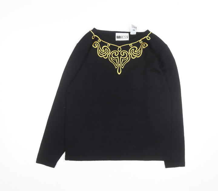 Russ Women Black Petite M Embroidered Wool Blend Jumper Pullover