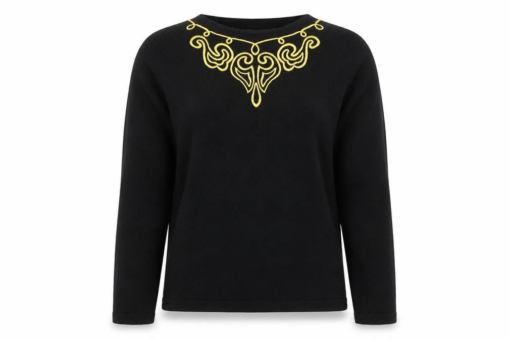 Front view of Russ Women Black Petite M Embroidered Wool Blend jumper