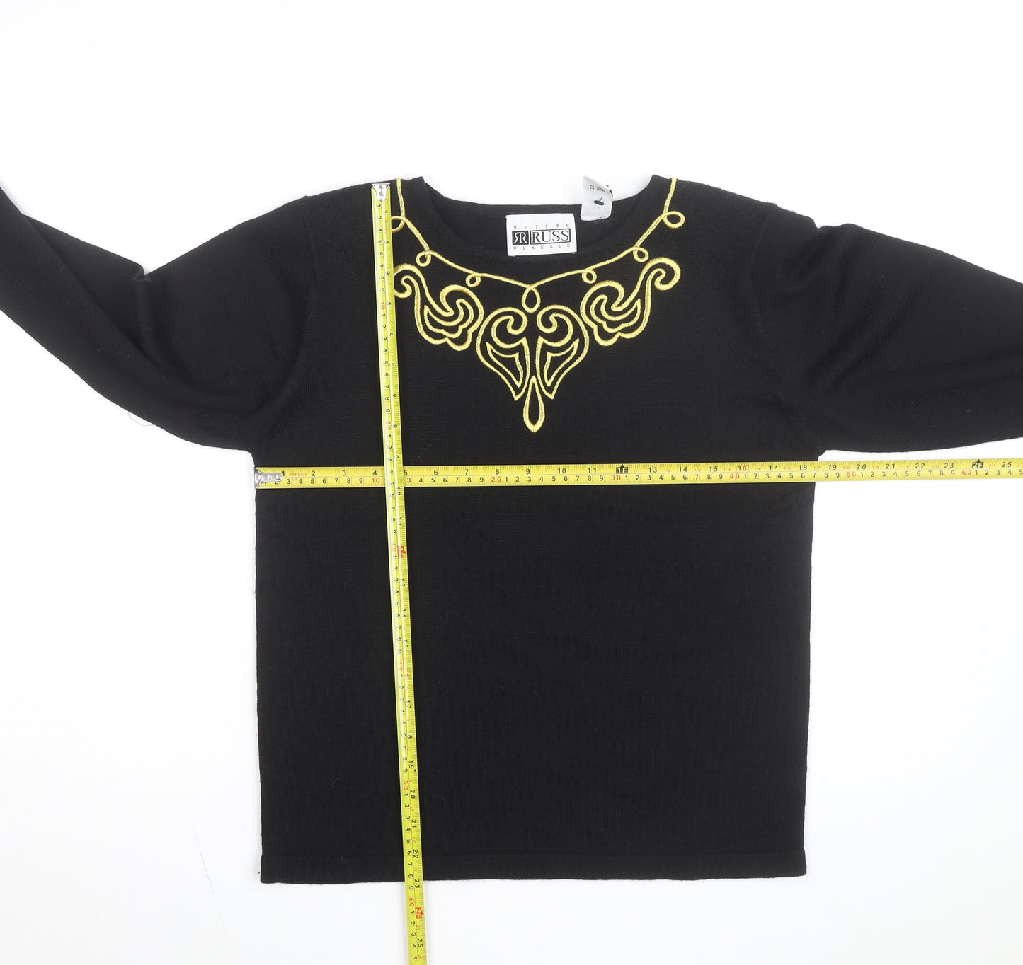 Russ Women Black Petite M Embroidered Wool Blend Jumper Pullover