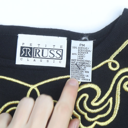 Russ Women Black Petite M Embroidered Wool Blend Jumper Pullover