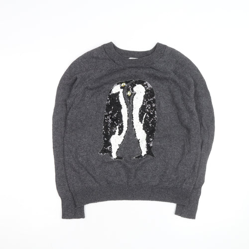 H&M Women Grey Sequin Penguin Pullover Jumper XS Casual Winter