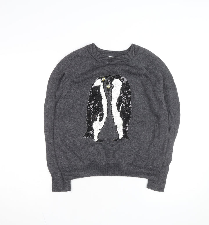 H&M Women Grey Sequin Penguin Pullover Jumper XS Casual Winter