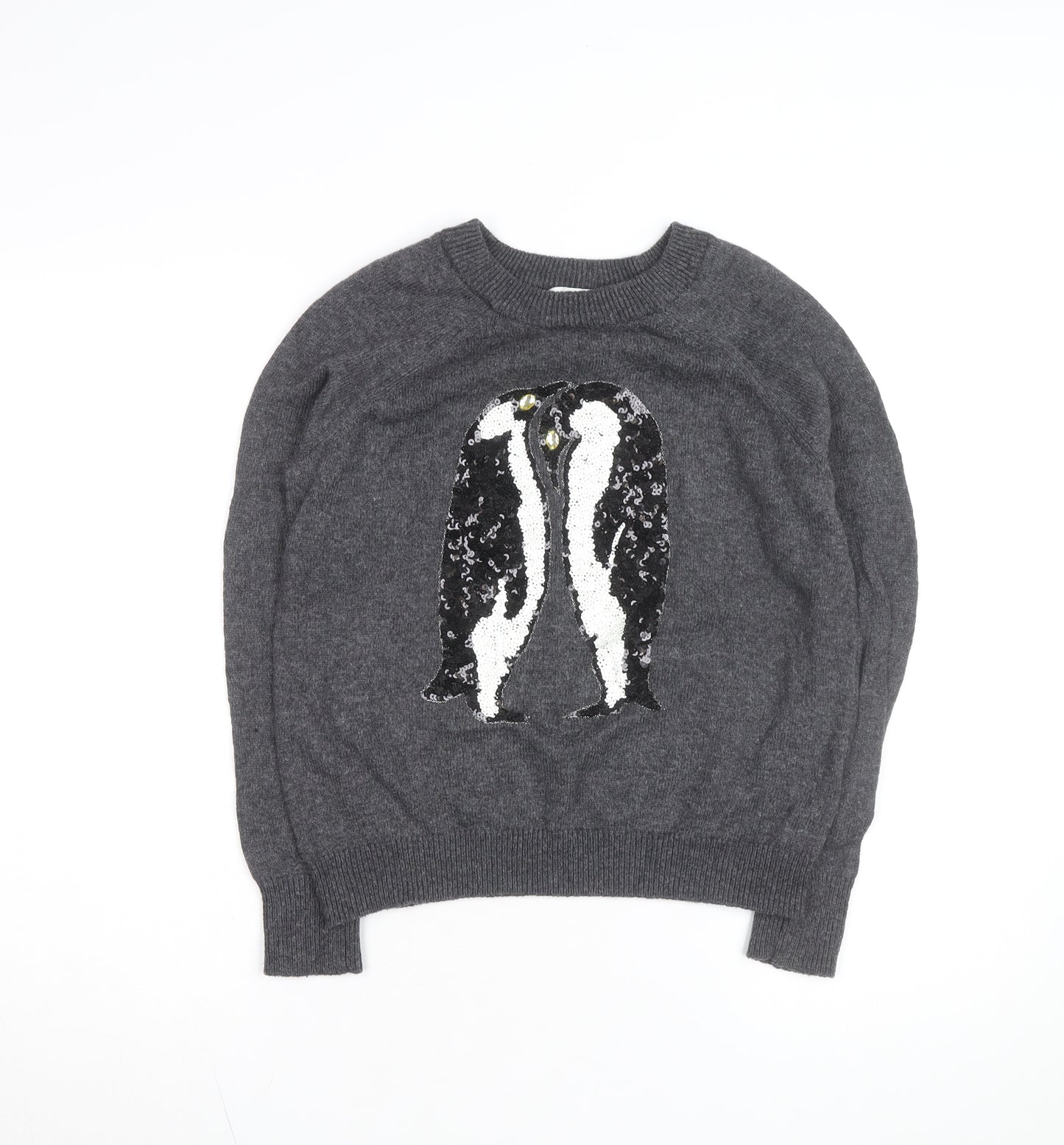 H&M Women Grey Sequin Penguin Pullover Jumper XS Casual Winter