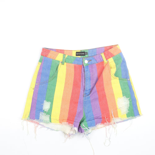 PrettyLittleThing Women’s Multicoloured Rainbow High-Waisted Cut-Off Denim Shorts Size 10