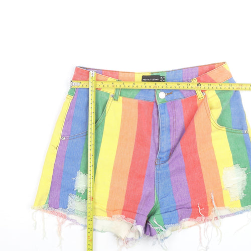 PrettyLittleThing Women’s Multicoloured Rainbow High-Waisted Cut-Off Denim Shorts Size 10