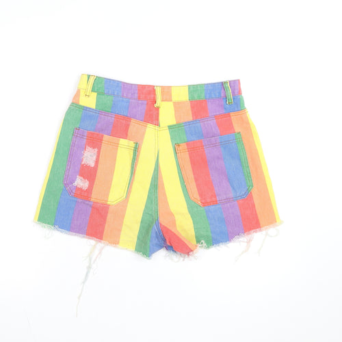 PrettyLittleThing Women’s Multicoloured Rainbow High-Waisted Cut-Off Denim Shorts Size 10