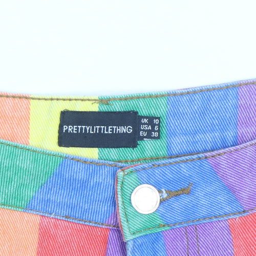 PrettyLittleThing Women’s Multicoloured Rainbow High-Waisted Cut-Off Denim Shorts Size 10