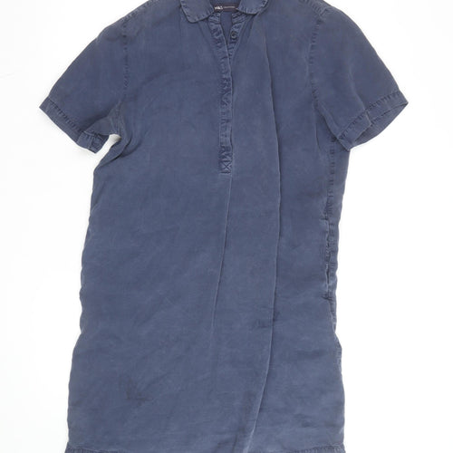 Marks and Spencer Men's Blue Lyocell Short Sleeve Button-Up Shirt L