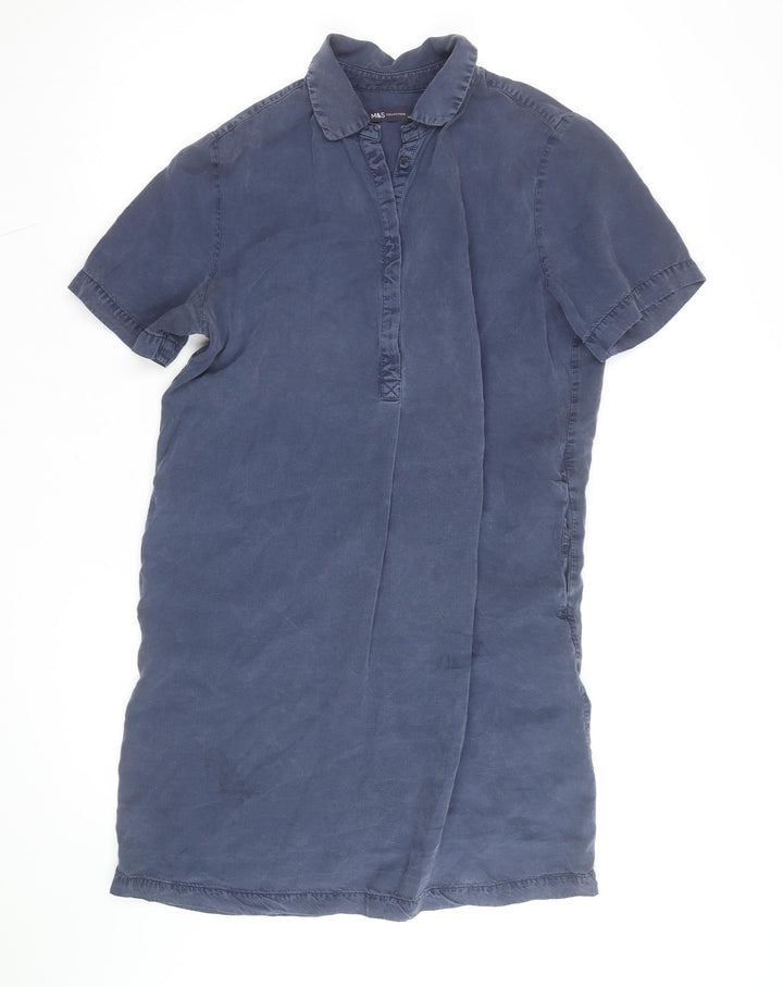 Marks and Spencer Men's Blue Lyocell Short Sleeve Button-Up Shirt L