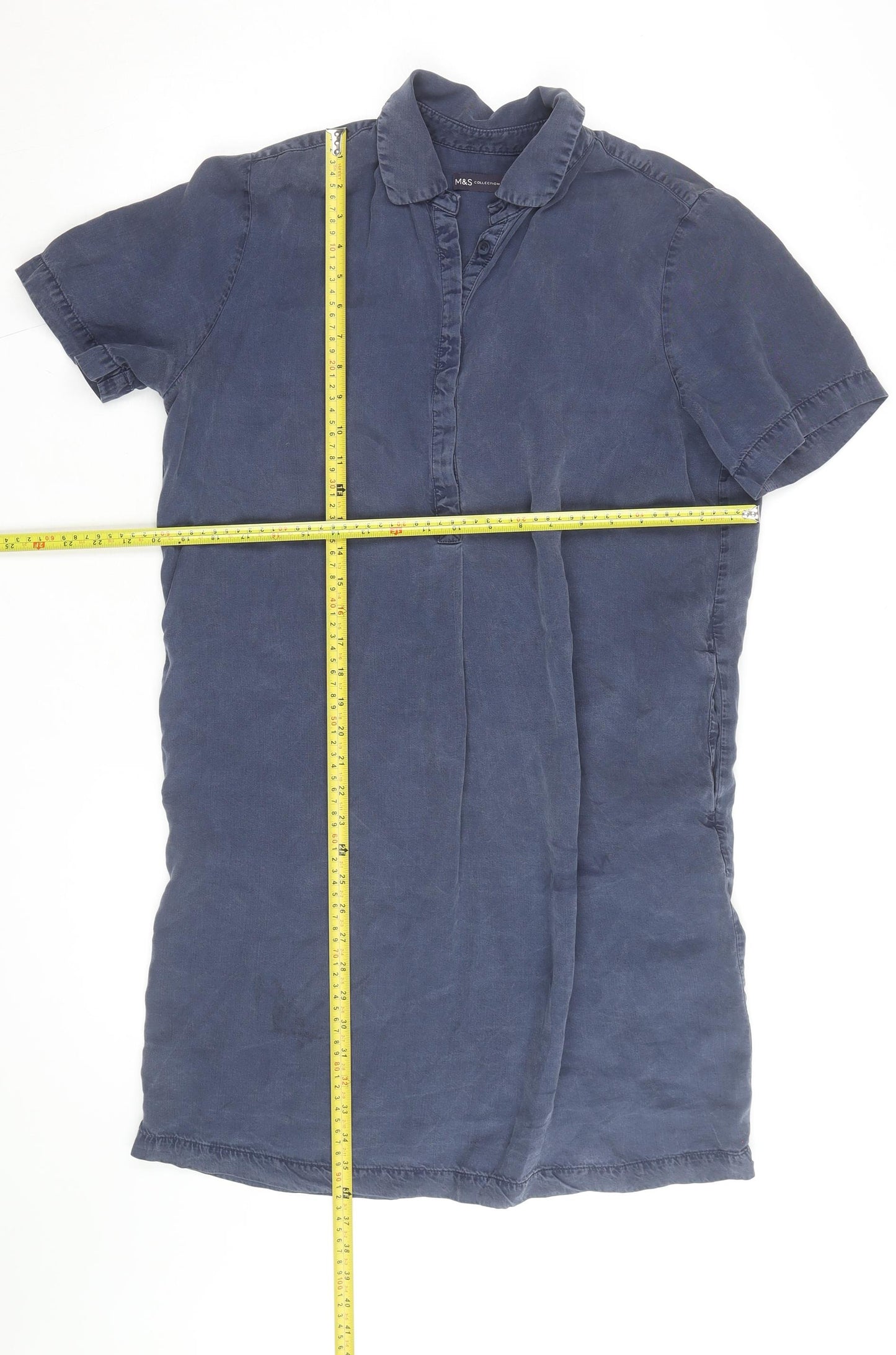 Marks and Spencer Men's Blue Lyocell Short Sleeve Button-Up Shirt L