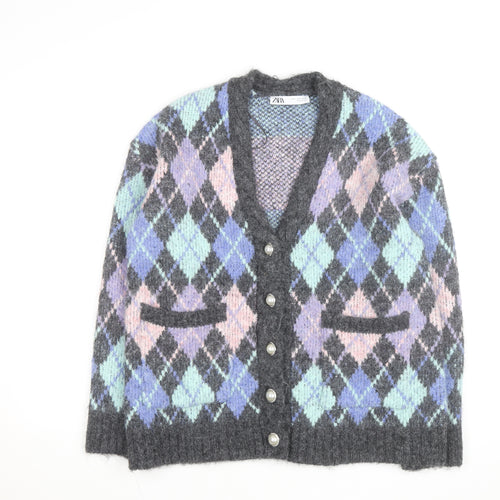 ZARA Womens Multicoloured Argyle Knit Cardigan Size S V-Neck Wool Blend
