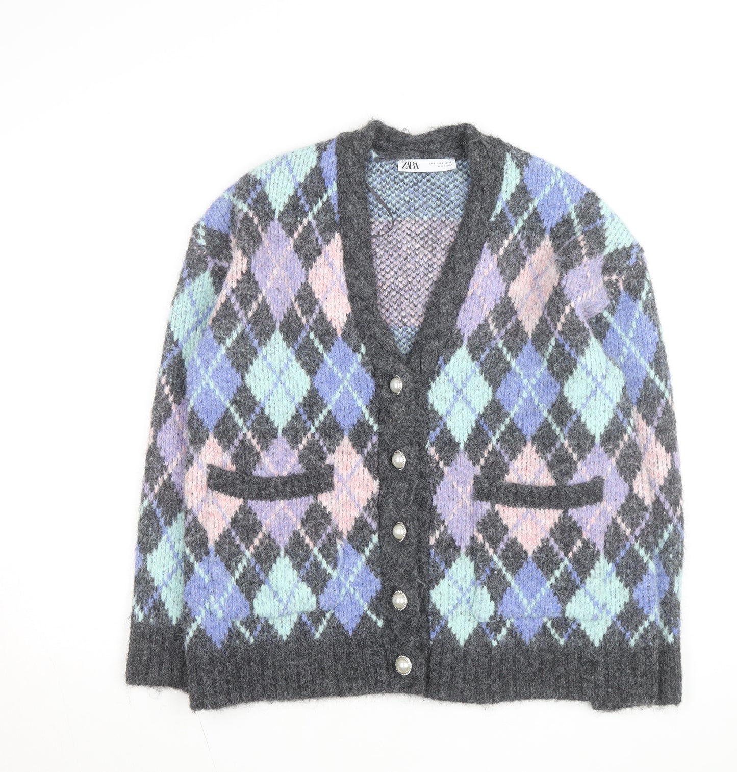 ZARA Womens Multicoloured Argyle Knit Cardigan Size S V-Neck Wool Blend