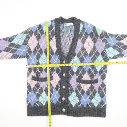 ZARA Womens Multicoloured Argyle Knit Cardigan Size S V-Neck Wool Blend