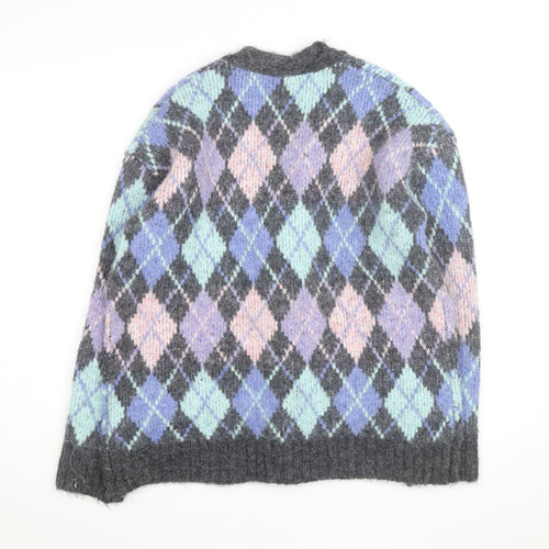 ZARA Womens Multicoloured Argyle Knit Cardigan Size S V-Neck Wool Blend