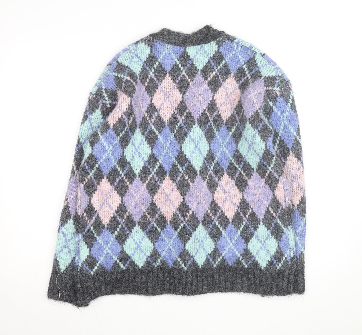 ZARA Womens Multicoloured Argyle Knit Cardigan Size S V-Neck Wool Blend