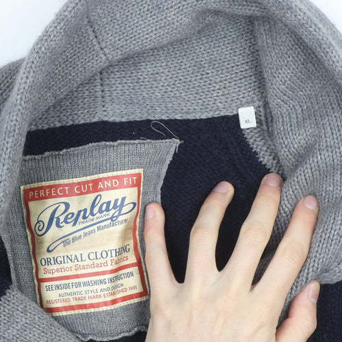 Replay Men's Grey & Navy Wool Blend XL Shawl Collar Cardigan