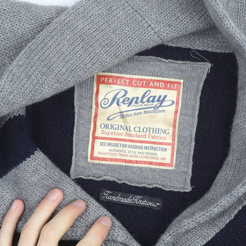 Replay Men's Grey & Navy Wool Blend XL Shawl Collar Cardigan